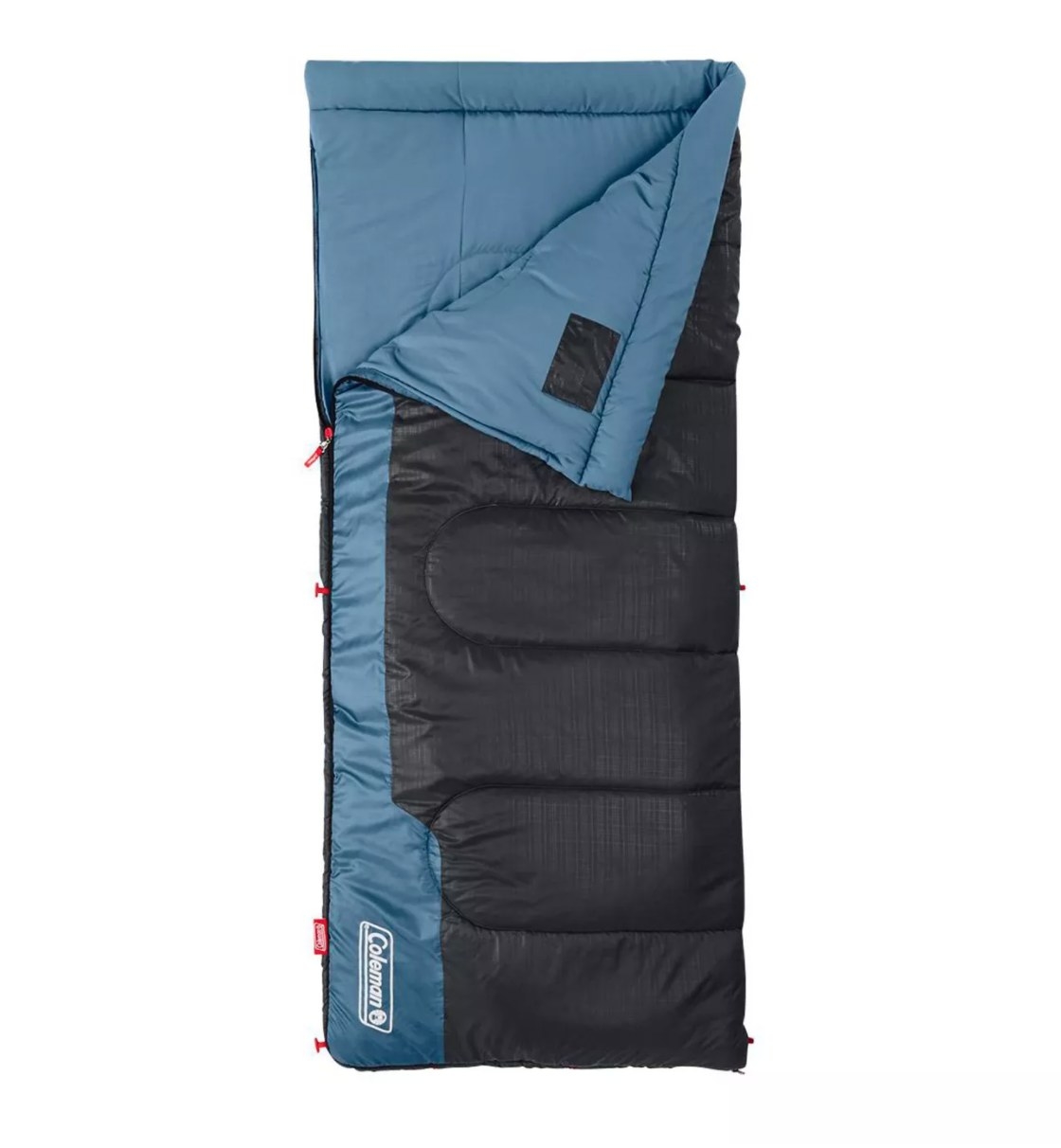 The black and blue Coleman sleeping bag