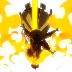 Shinra landing a hard head kick to Rekka in mid air