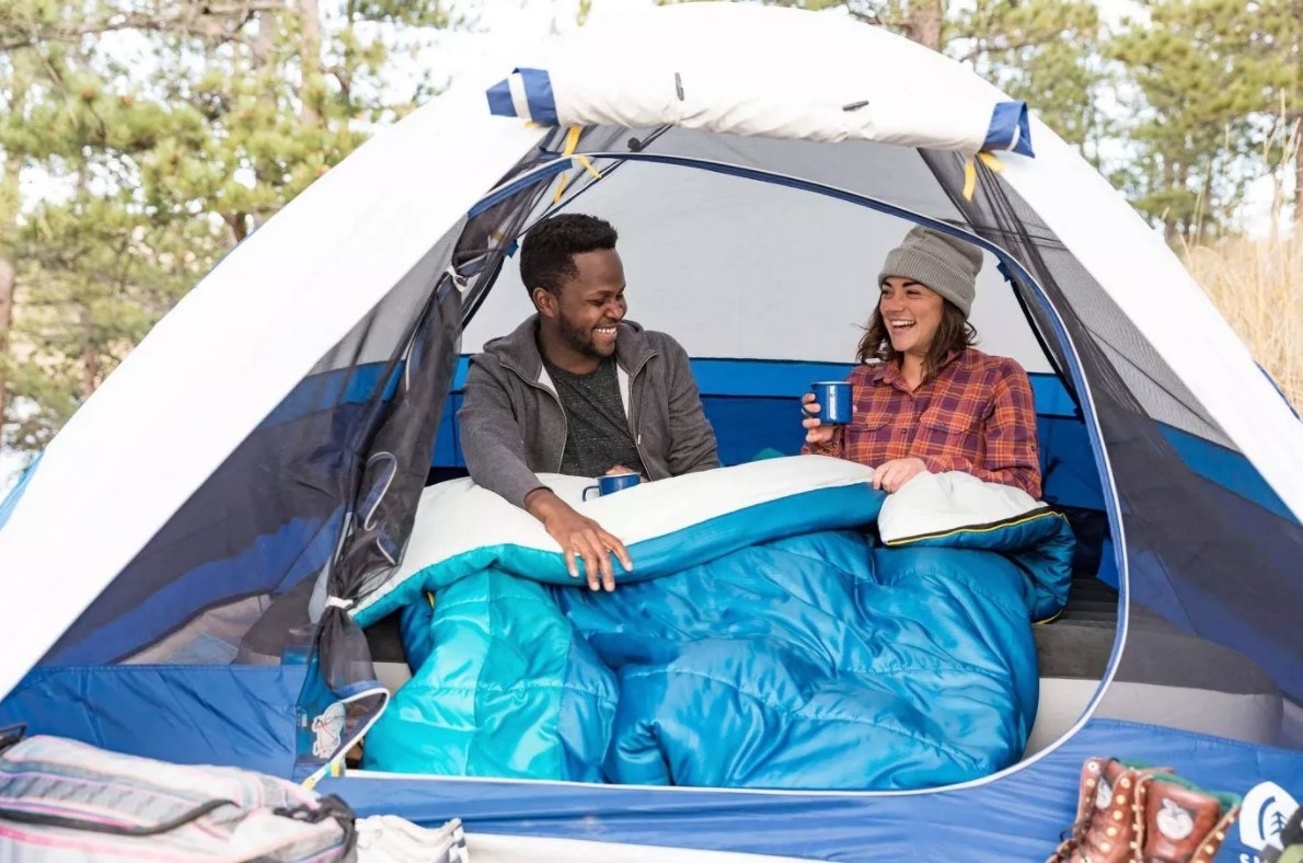 The blue and white double-wide sleeping bag