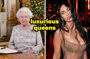 (Left) Queen Elizabeth II making a Christmas announcement (Right) Megan Fox at the 2021 MTV VMAs