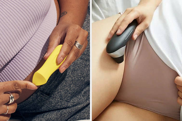 Model holding yellow bullet vibrator and model holding black suction vibrator