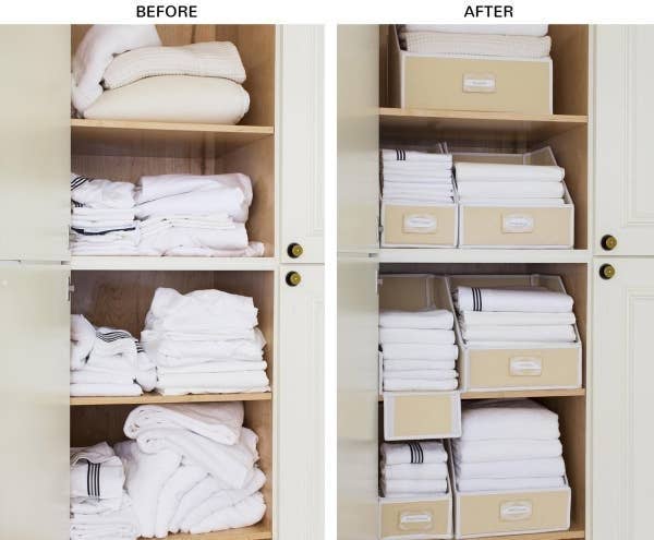 before/after of a linen closet with piles of messy sheets, and the linen organizers used to stack everything neatly
