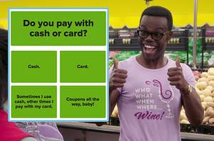 Chidi from The Good Place standing in a produce aisle giving a thumbs up next to a screenshot of the question do you pay with cash or card