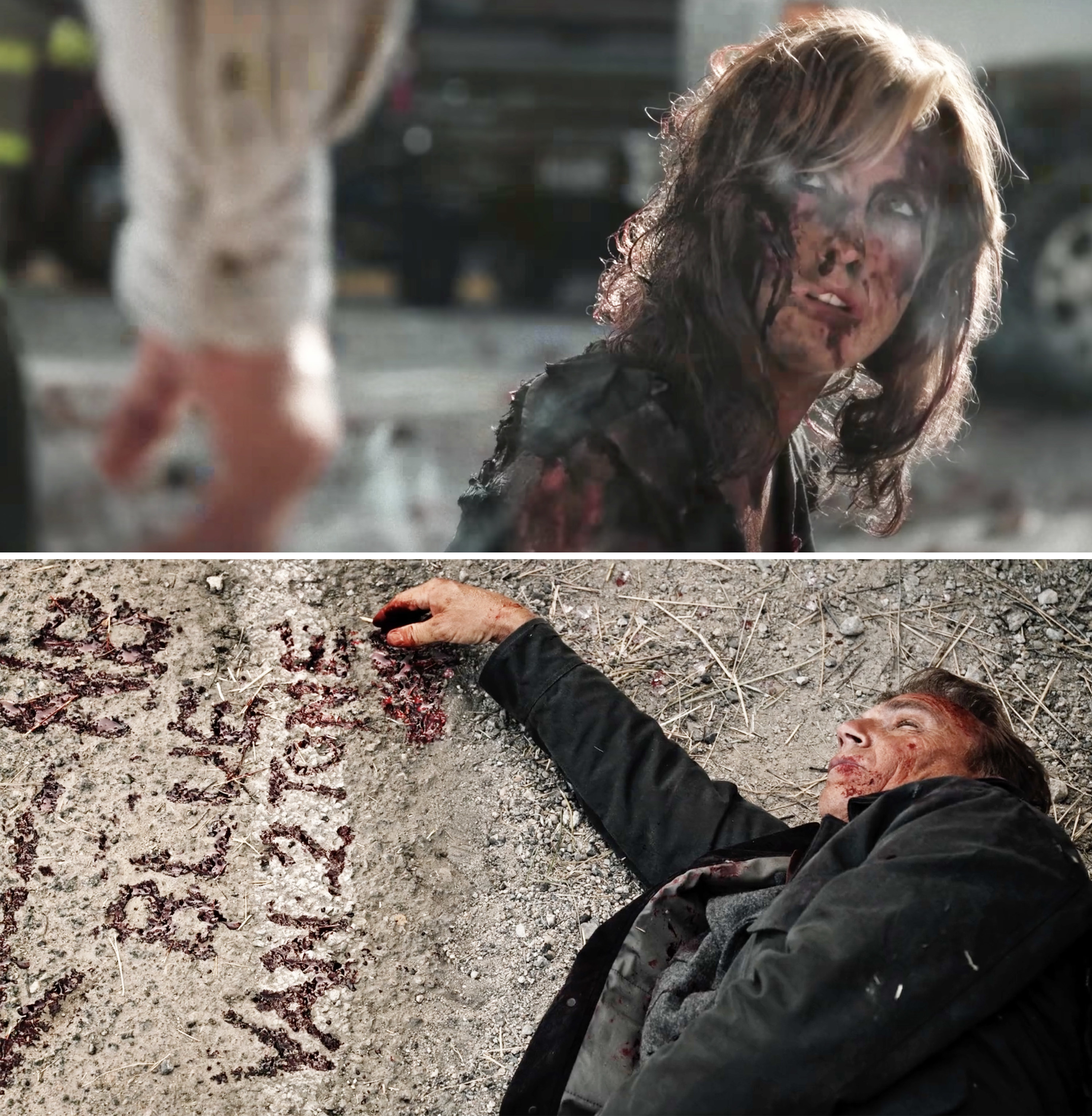 John and Beth both covered in blood