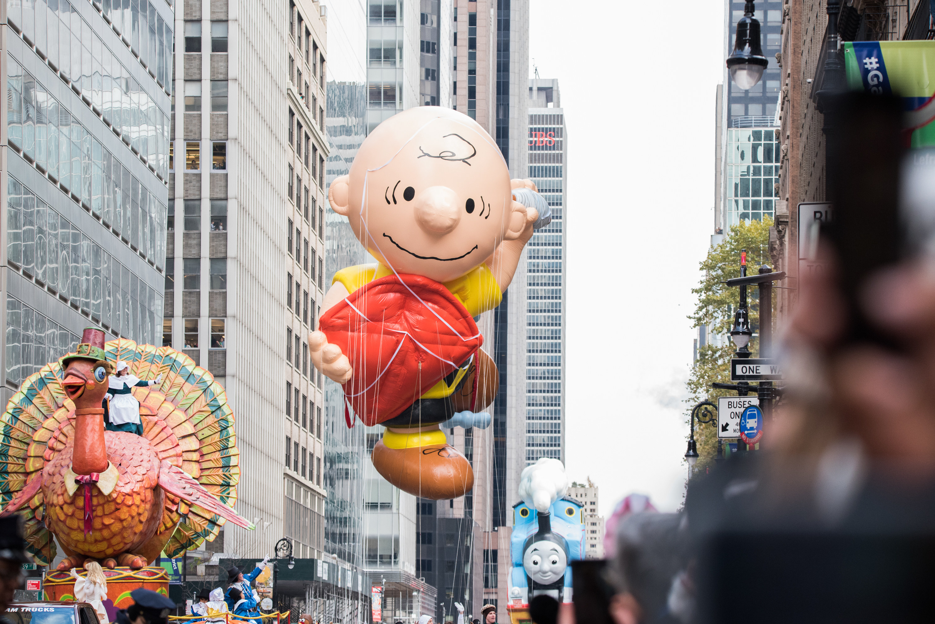 Charlie Brown with a kite balloon