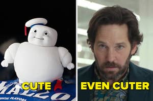 A mini stay puft marshmallow man and paul rudd looking shocked