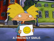 Cartoon character holding up an illustration of a smiley face with the caption, &quot;A friendly smile&quot;