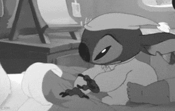 baby Stitch crawling into bed