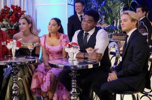 Josie Totah, Haskiri Valazquez, Dexter Darden, and Mitchell Hoog sit at tables in formalwear
