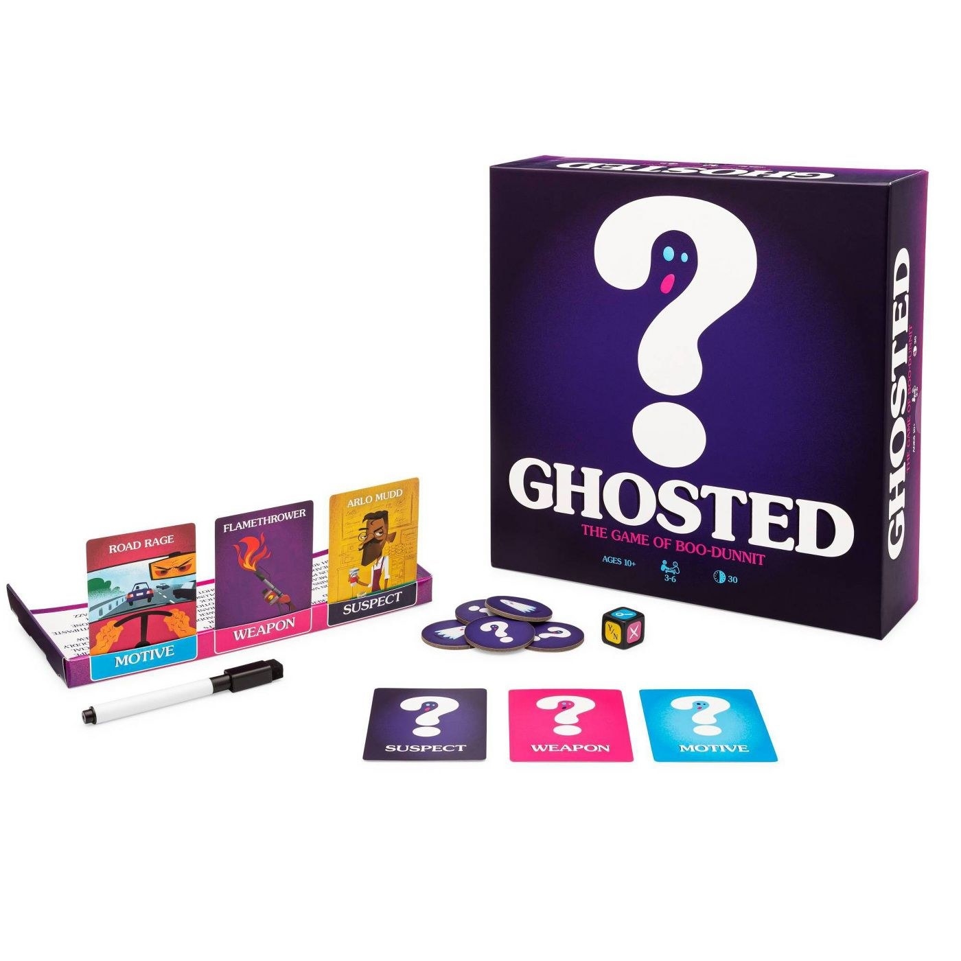 the ghosted board game and game pieces