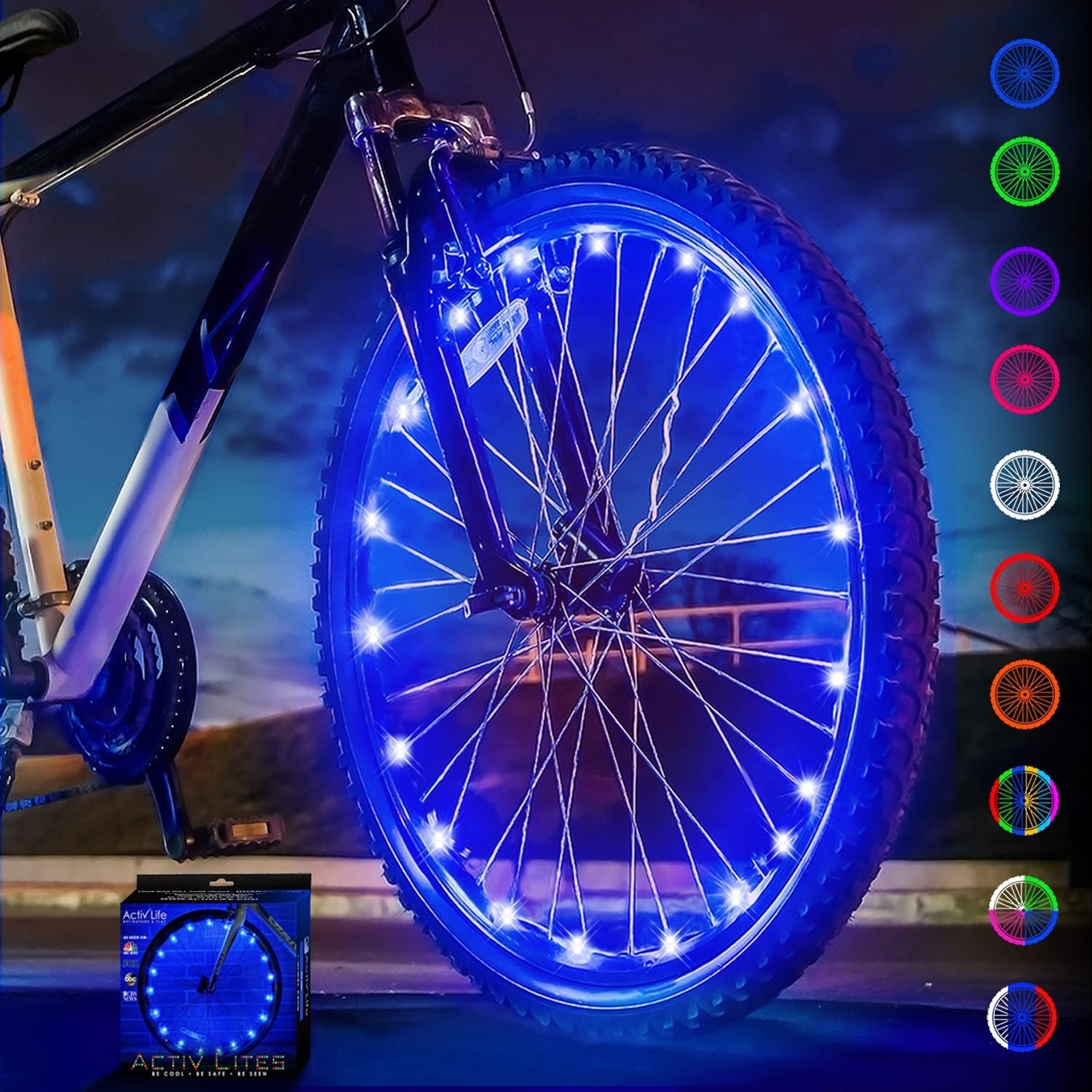 a bike wheel decked out in bright led lights