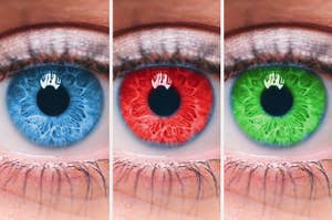 eyeballs with blue, red, and green irises 