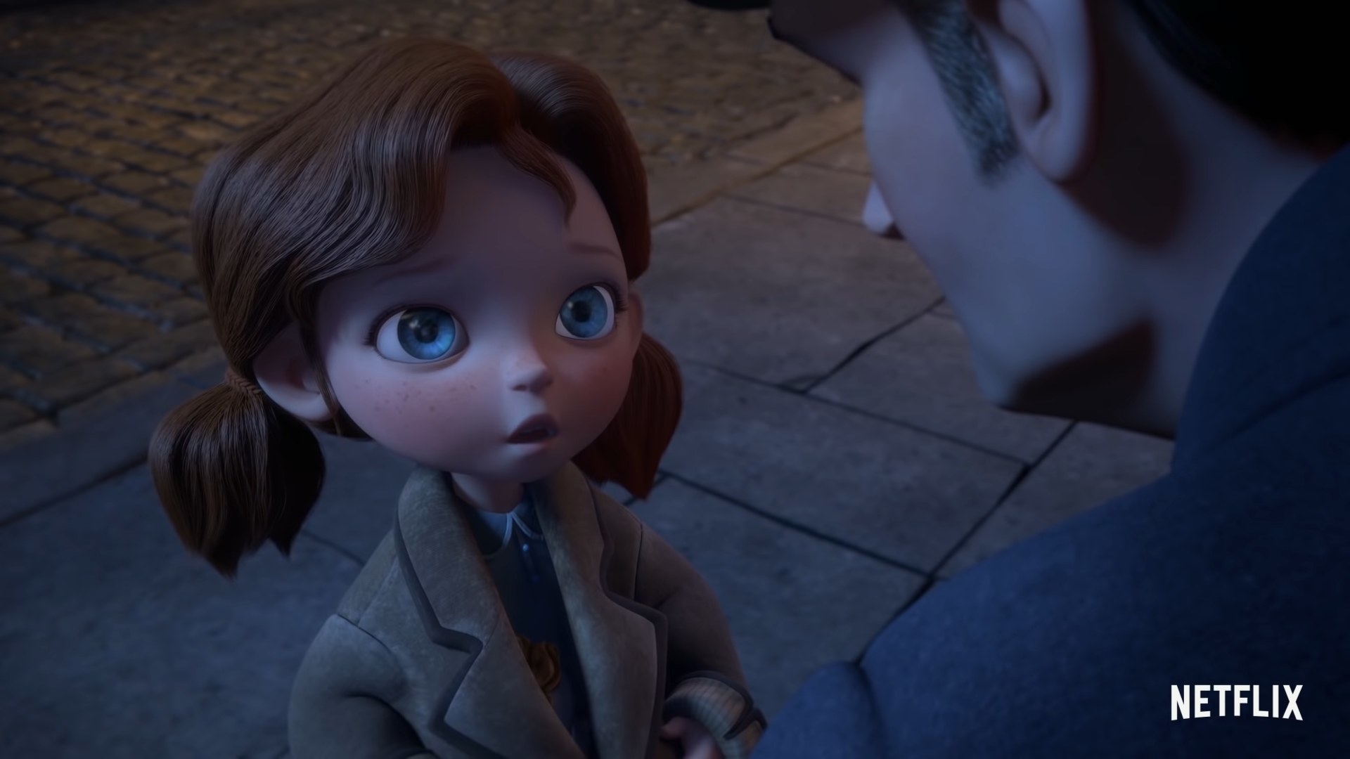An animated girl looks at a cop