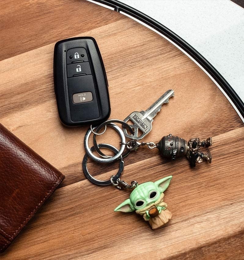 The Baby Yoda key chain on a set of car keys