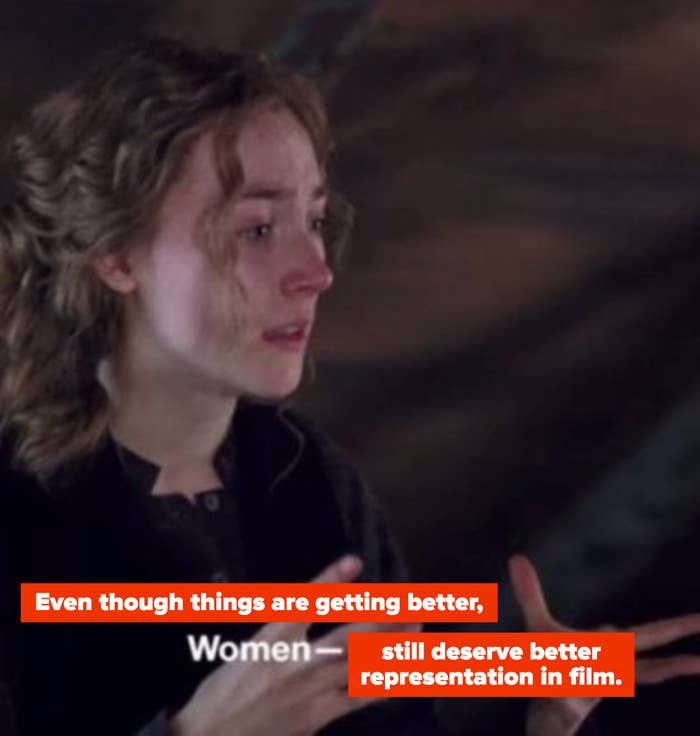 A reimagined meme of Saoirse Ronan in &quot;Little Women&quot; saying: &quot;Even though things are getting better, women still deserve better representation in film&quot;
