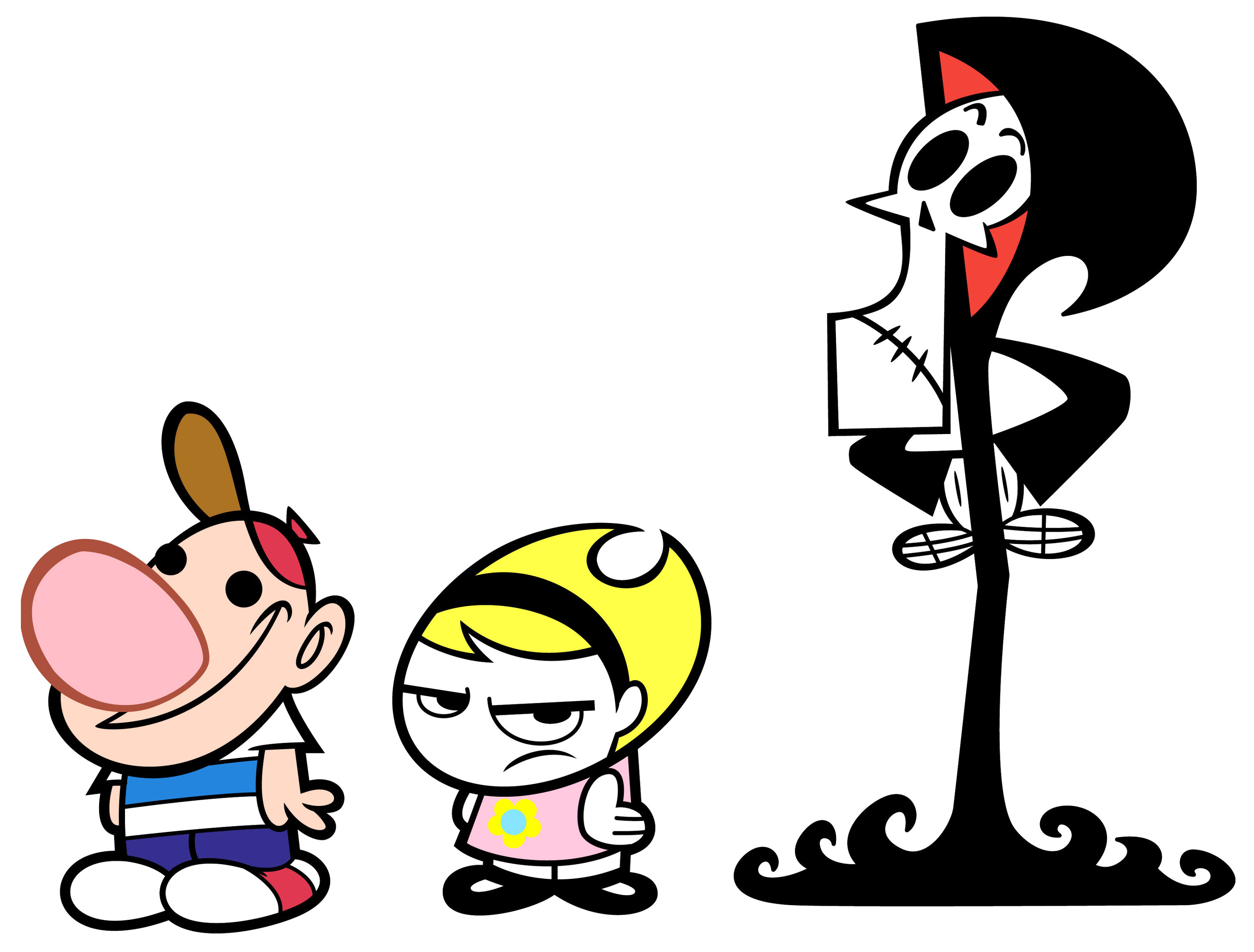 Billy, a boy with beady eyes and big pink nose, stands next to Mandy, forlorn girl with frown, and Grim, a reaper who stands with his hands on his hips.