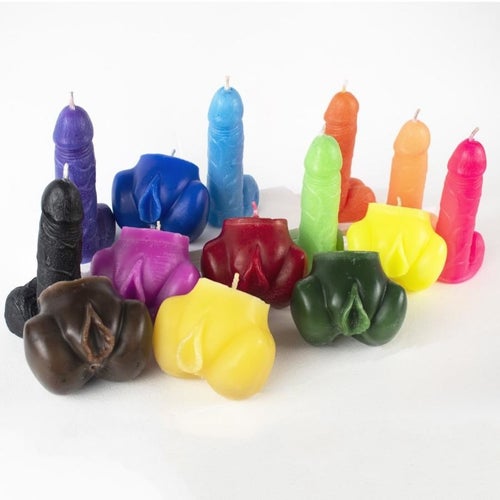 Assorted colors of penis- and vulva-shaped candles