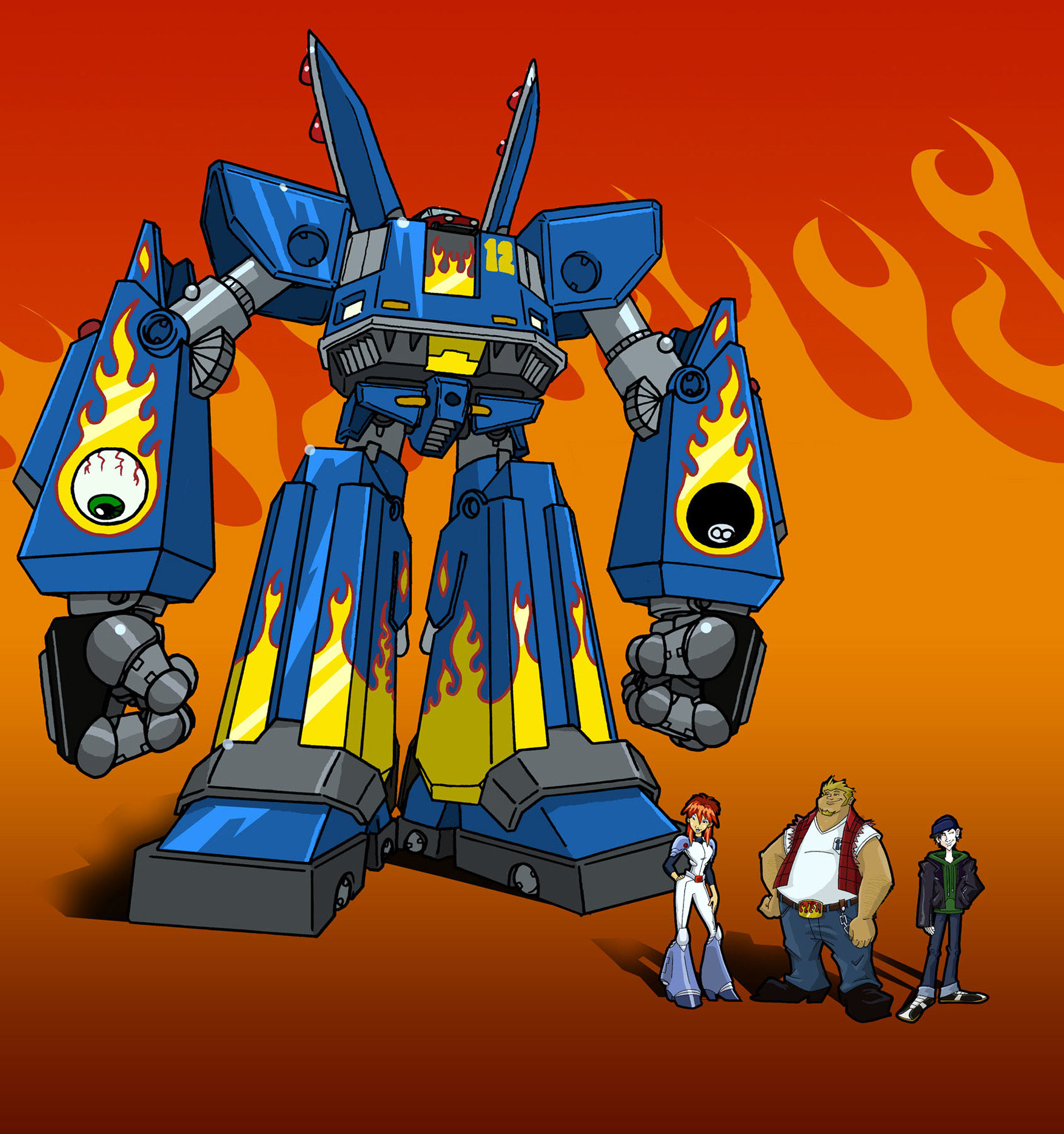 Megas, a giant robot, stands towering over its human counterparts, Kiva, Coop and Jamie