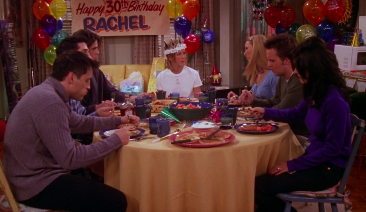 The &quot;Friends&quot; characters around a birthday table