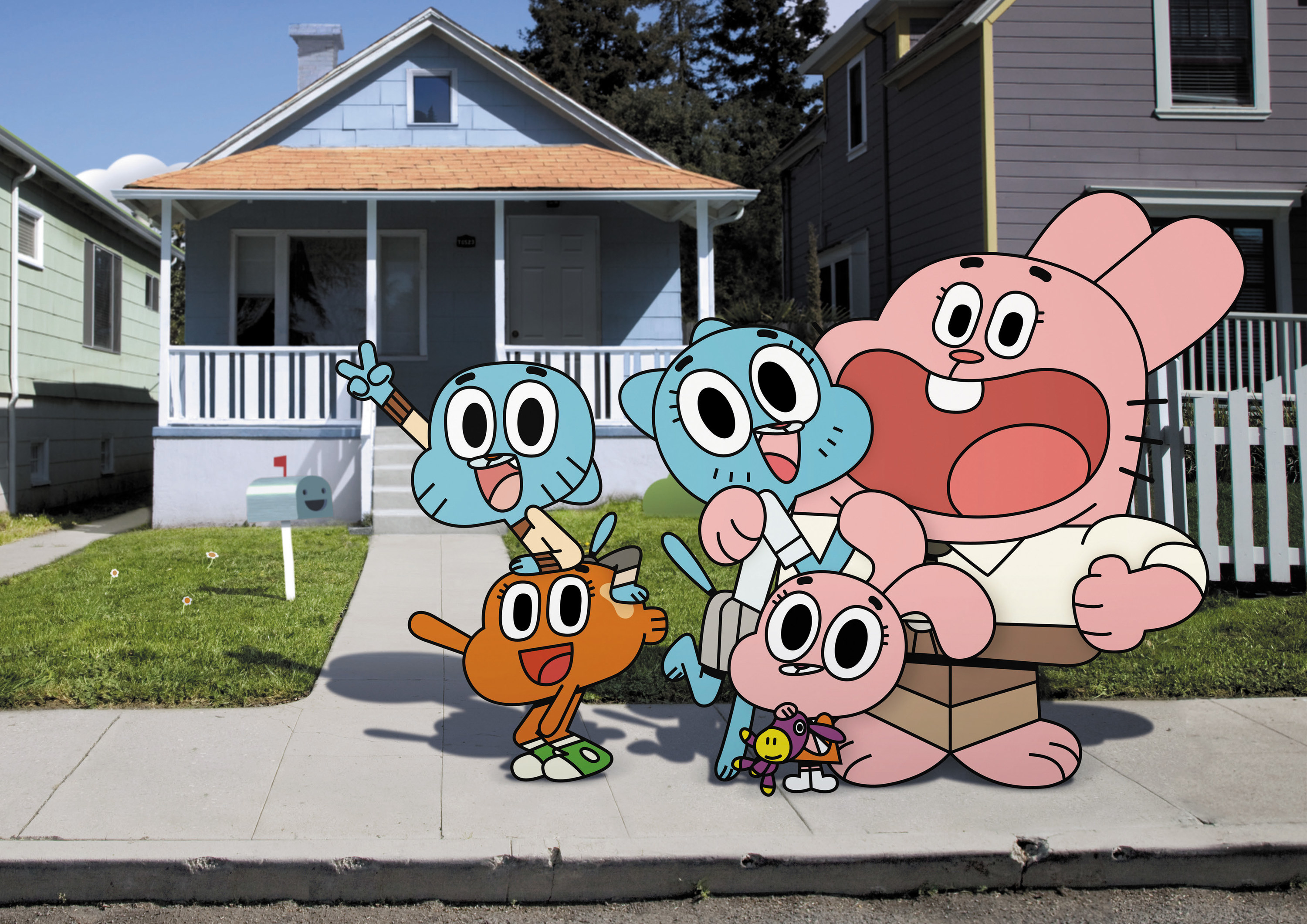 An animated family stands in front of a realistic house, Gumball and his mother (both blue cats). sister Anais and father (pink bunnies) and adopted brother Darwin (goldfish with legs)