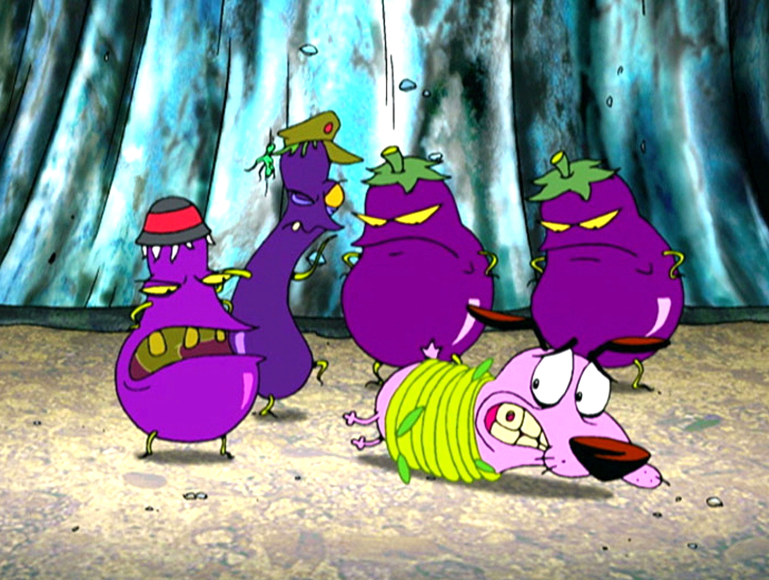 Courage the Cowardly Dog (pink dog with hole in his tooth) is held hostage by evil eggplants