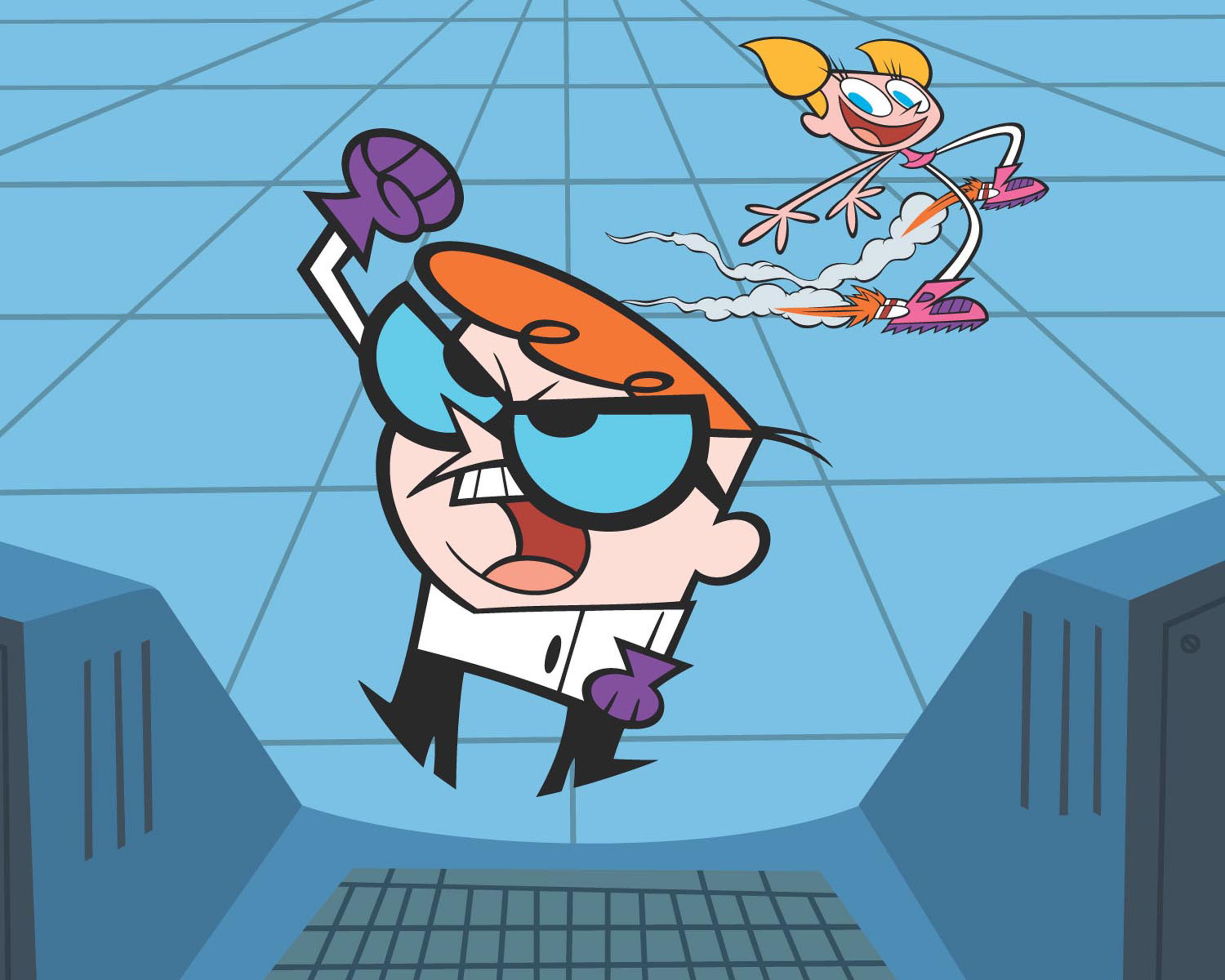 Dexter, small redheaded boy, angrily raises a fist while Dee Dee skates happily in the back