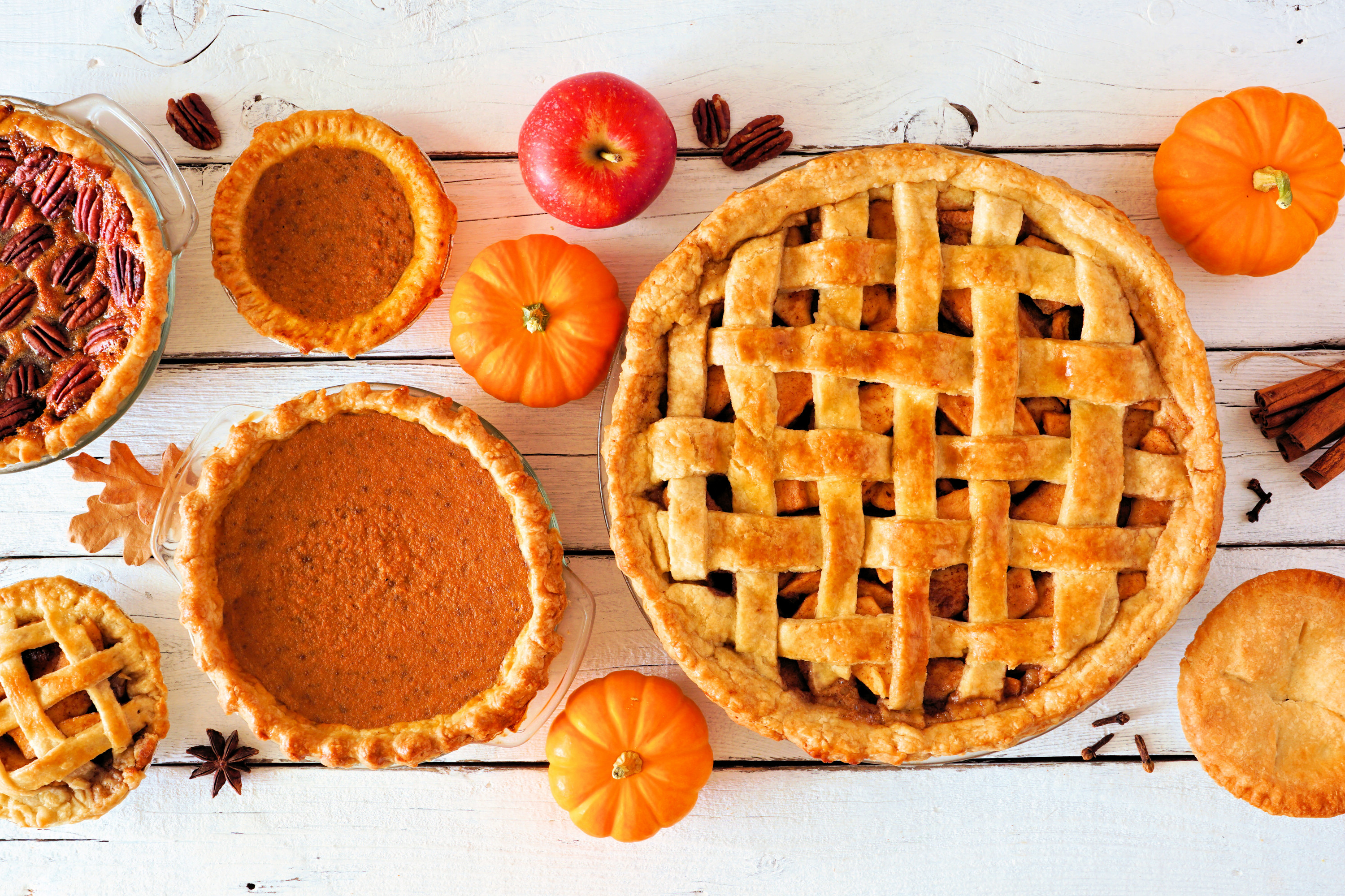 Assorted homemade autumn pies. Apple, pumpkin and pecan. Above view table scene on a white wood background