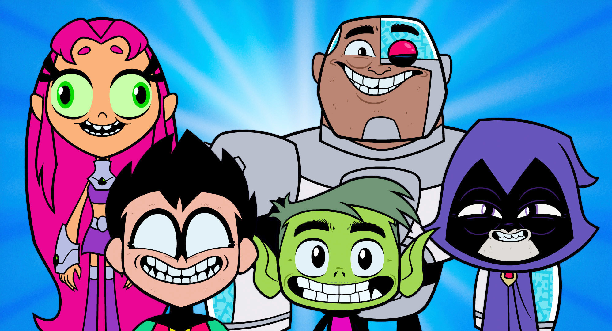 Picture of Teen Titans Go! cast smiling goofily, from left: Starfire, Robin, Cyborg, Beast Boy, Raven