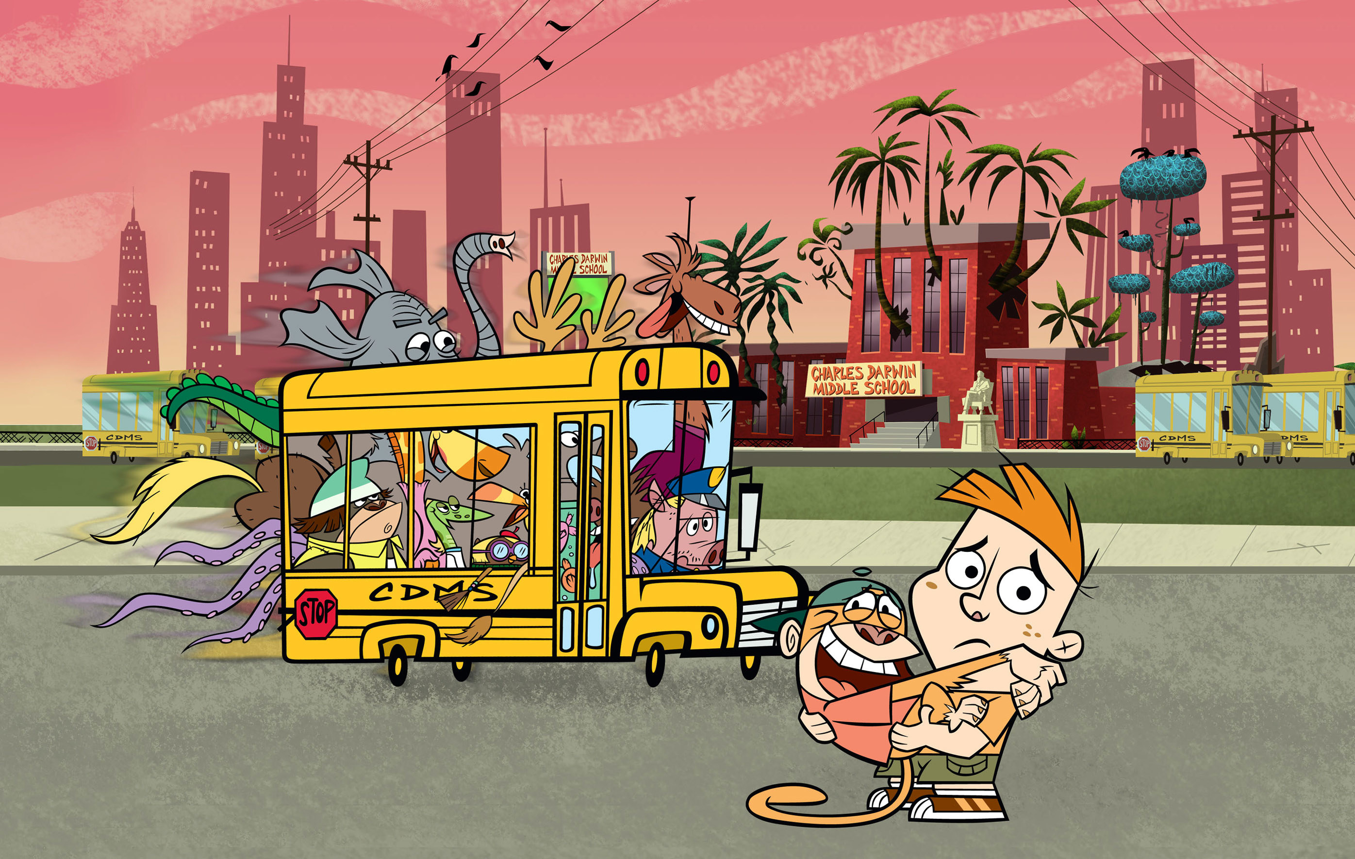 An anxious looking boy, Adam, holds a monkey in a backwards cap, standing in front of a school bus full of animals including a pig and an elephant