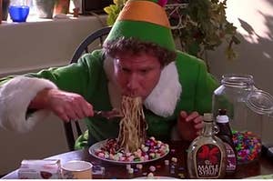 buddy the elf eating candy spaghetti
