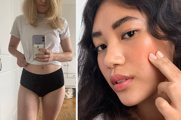 L: BuzzFeed editor wearing black period underwear Model applying coral cream blush with two fingers