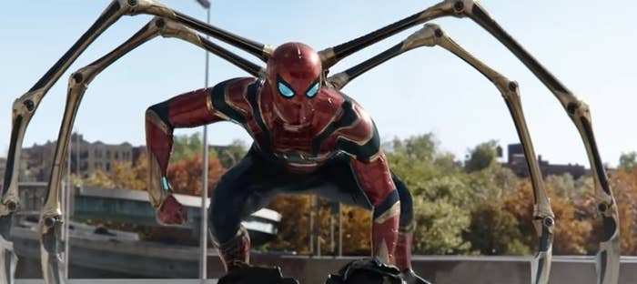 Spider-Man, in his Iron Spider suit, crouching with four extra mechanical arms in &quot;Spider-Man: No Way Home