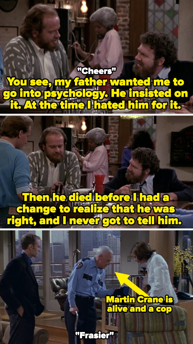 Frasier saying his dad is dead in &quot;Cheers&quot; and Martin Crane alive in &quot;Frasier&quot;