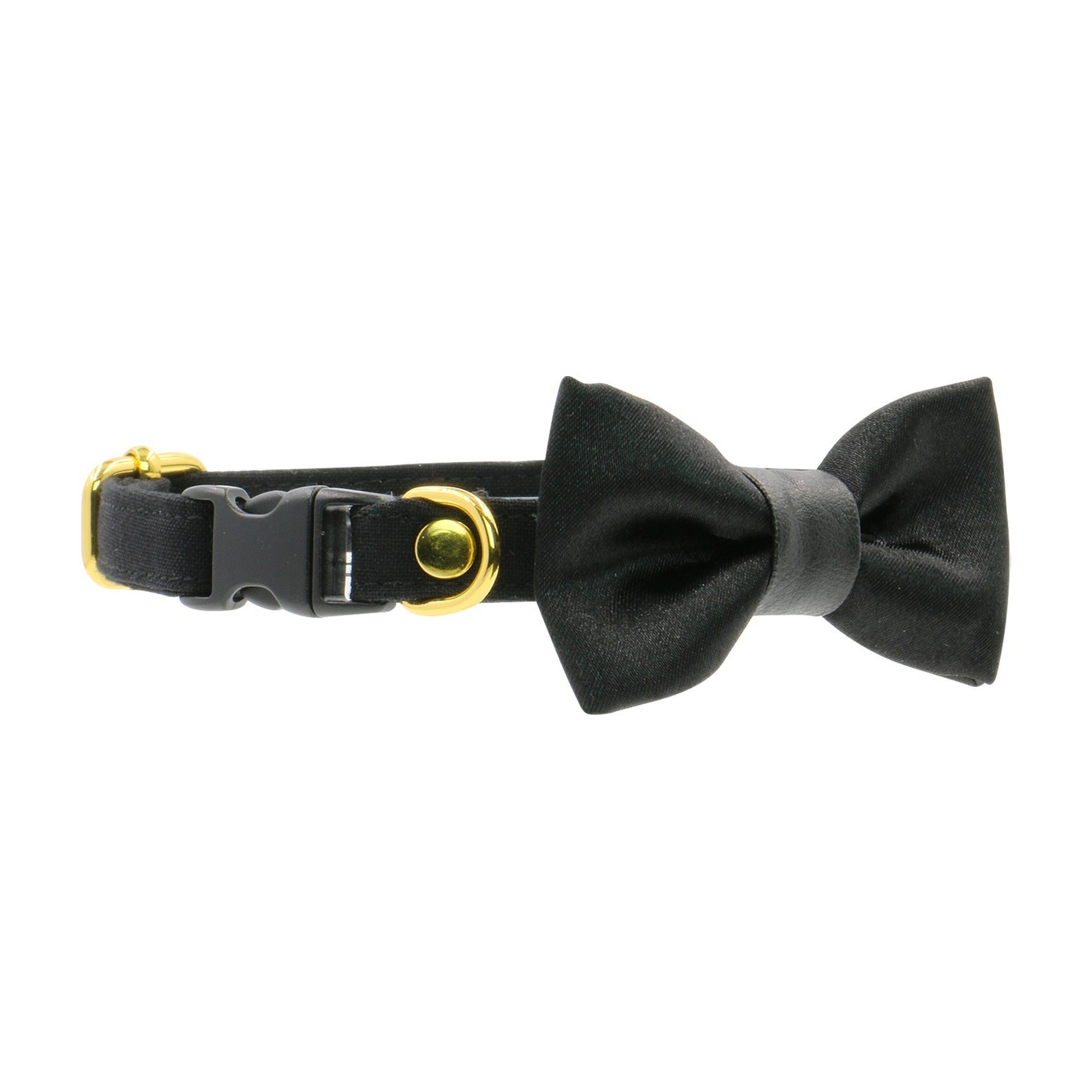 A black collar with a black bow tie.