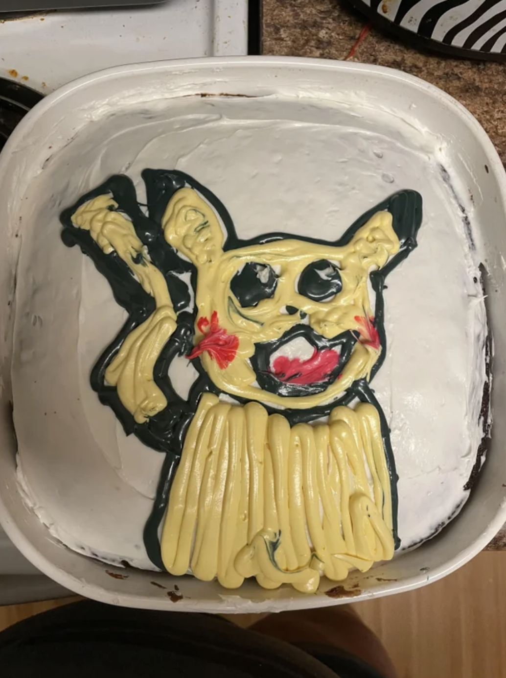 A ghostly, ghastly looking Pikachu made with mustard-yellow strips