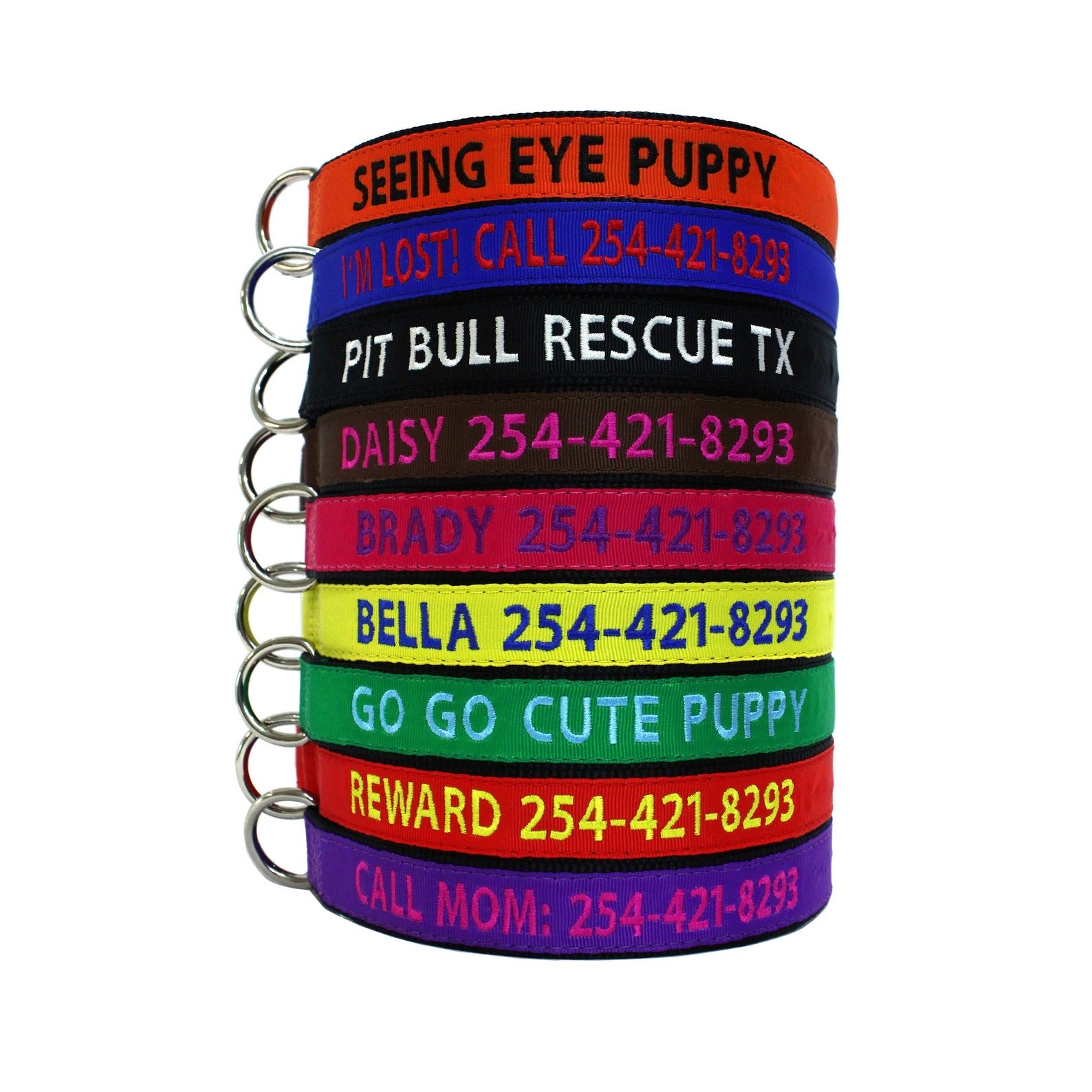 A stack of colorful collars with embroidered names and numbers.