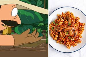 Bob Belcher smiles while holding his plant and an overhead shot of a bowl of homemade pasta