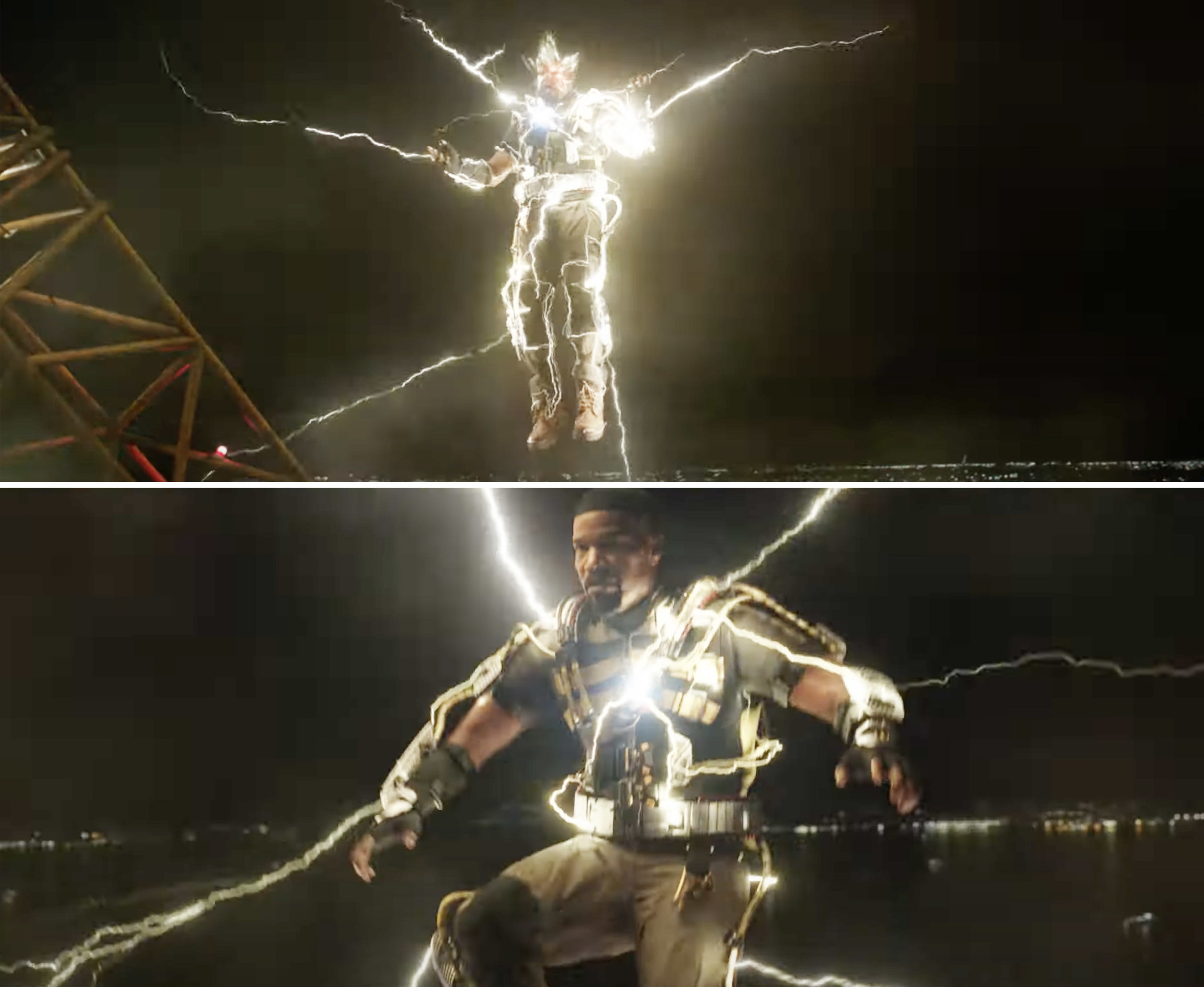 Electro suspended in the air and lightning strikes around him