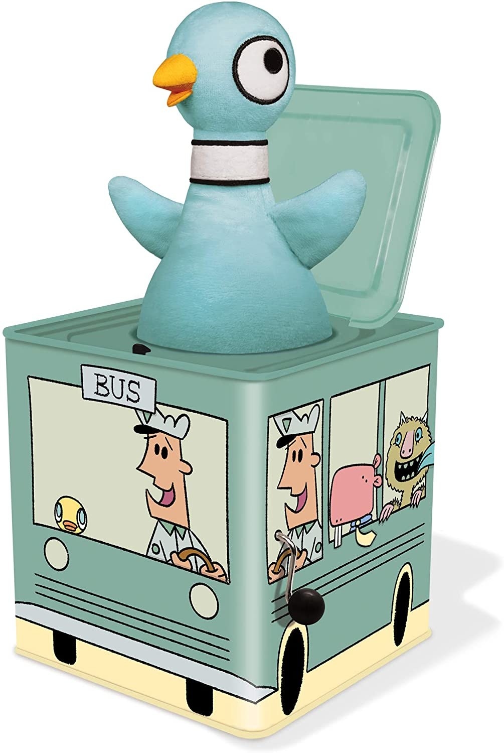 box that looks like the bus from the book and a pigeon popping out