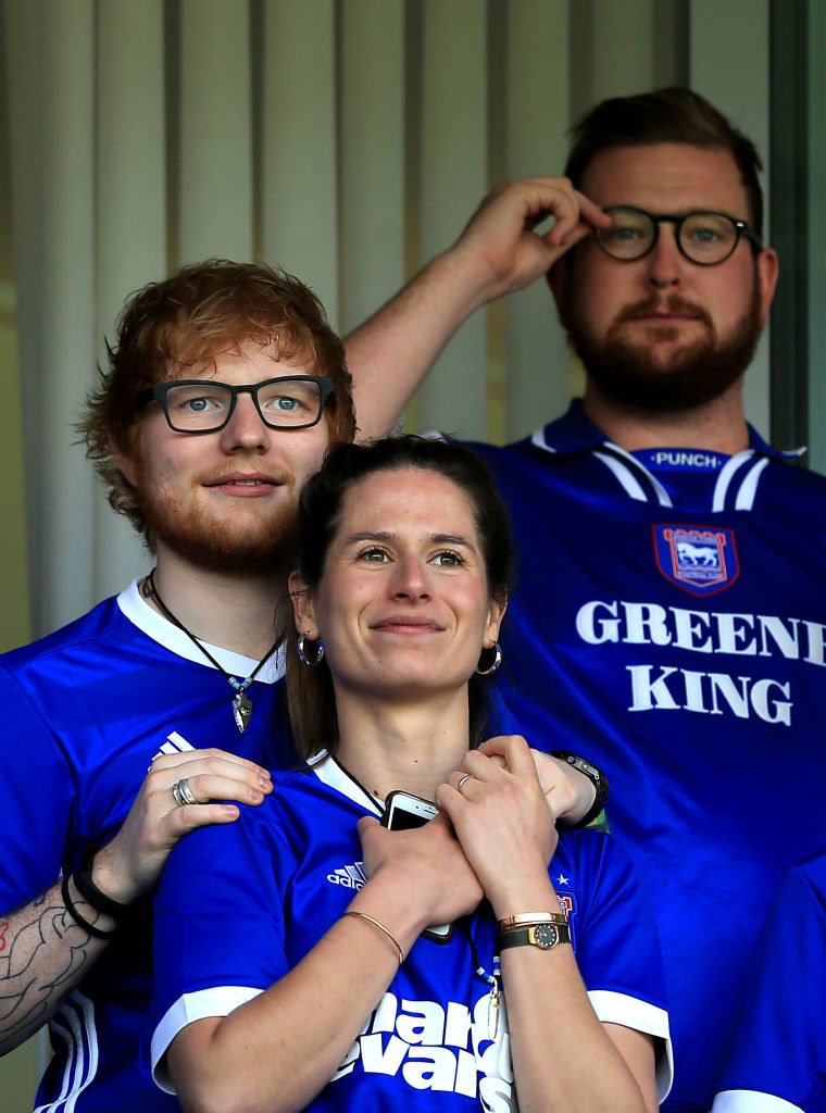 d Sheeran and fiance Cherry Seaborn look on during the Sky Bet Championship match