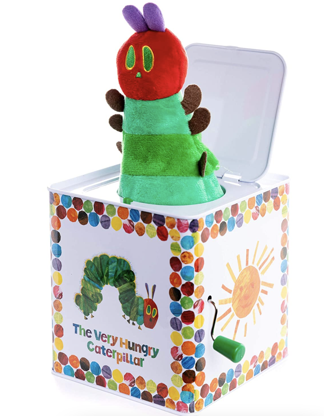 jack-in-the-box with a caterpillar that jumps out and illustrations from the classic book on the box