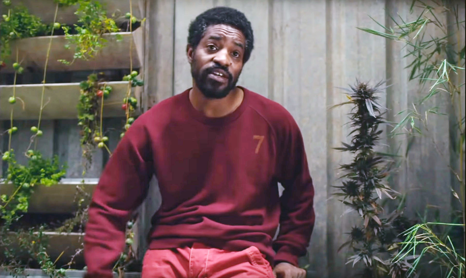 Andre 3000 sits in an outer space greenhouse