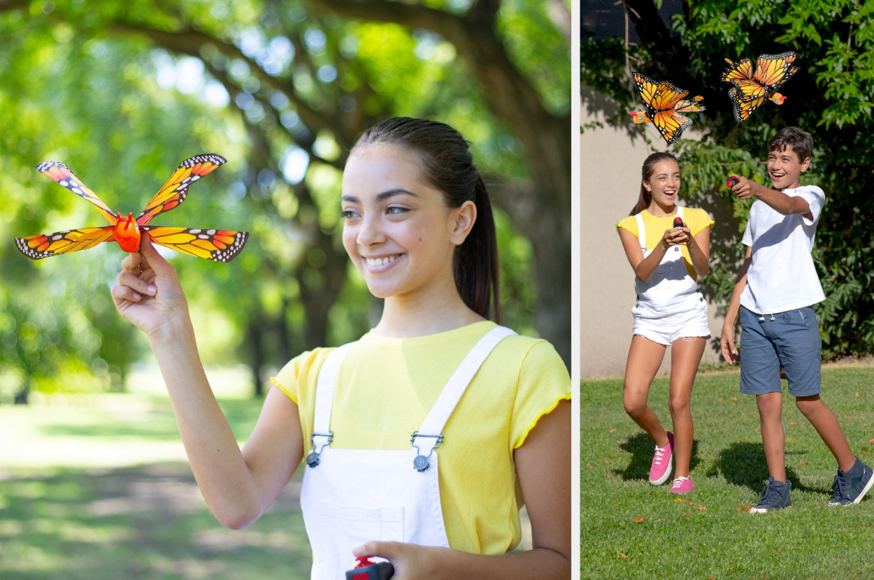 Split image of model holding remote control butterfly and two models flying said buttefly