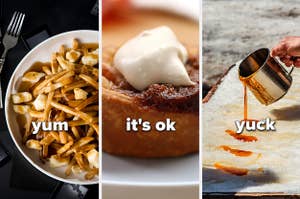 a photo of three different dishes split screen with yum, it's ok and yuck written on top