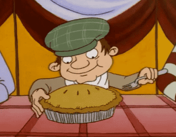 GIF of a Hey Arnold character eating pie during a pie eating contest