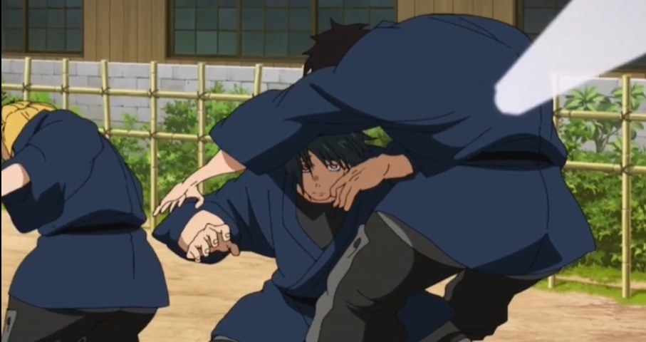 Benimaru striking Shinra and dodging Arthur in training back in Asakusa