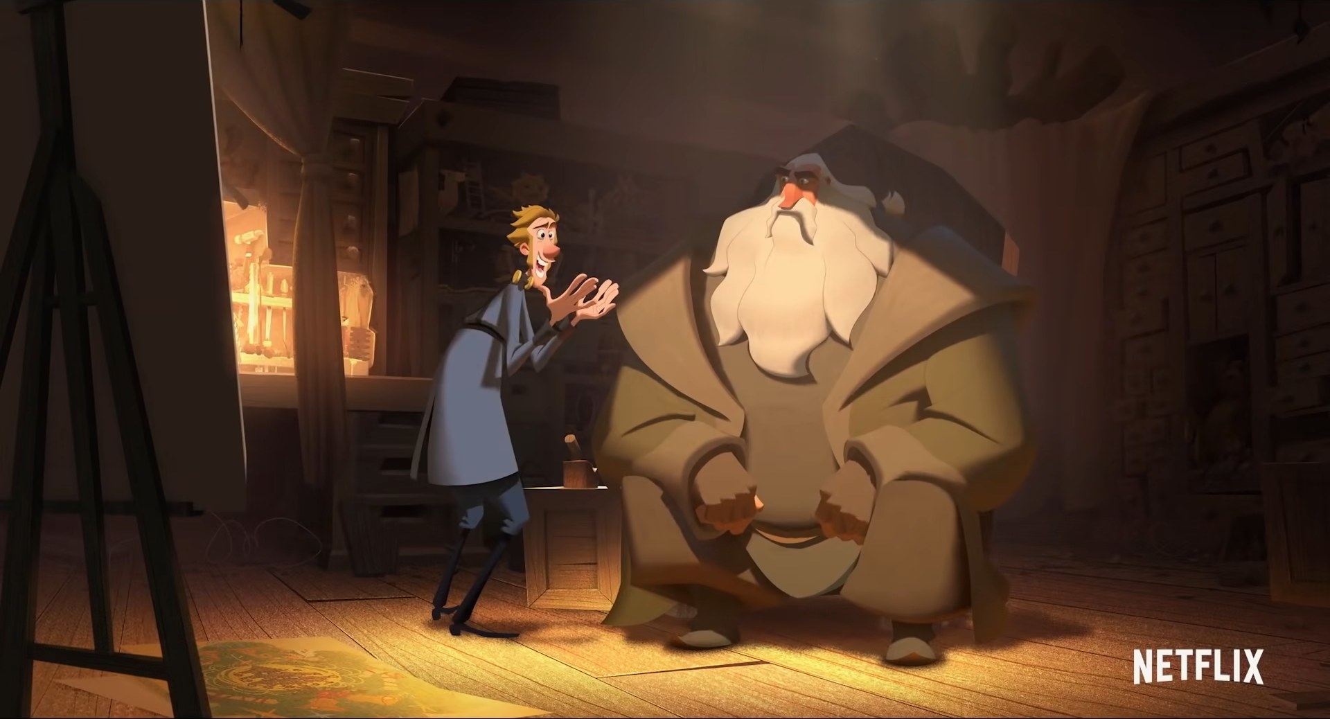 An animated man stands next to a massive animated man with flowing white beard