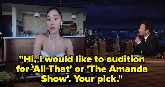 Ariana Grande telling Jimmy Fallon she called universal studios and asked to audition for all that or the amanda show
