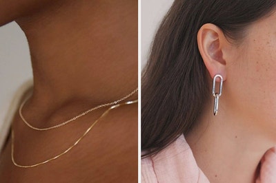 L: Model wearing delicate gold chain necklace R: Model wearing silver chain link earrings