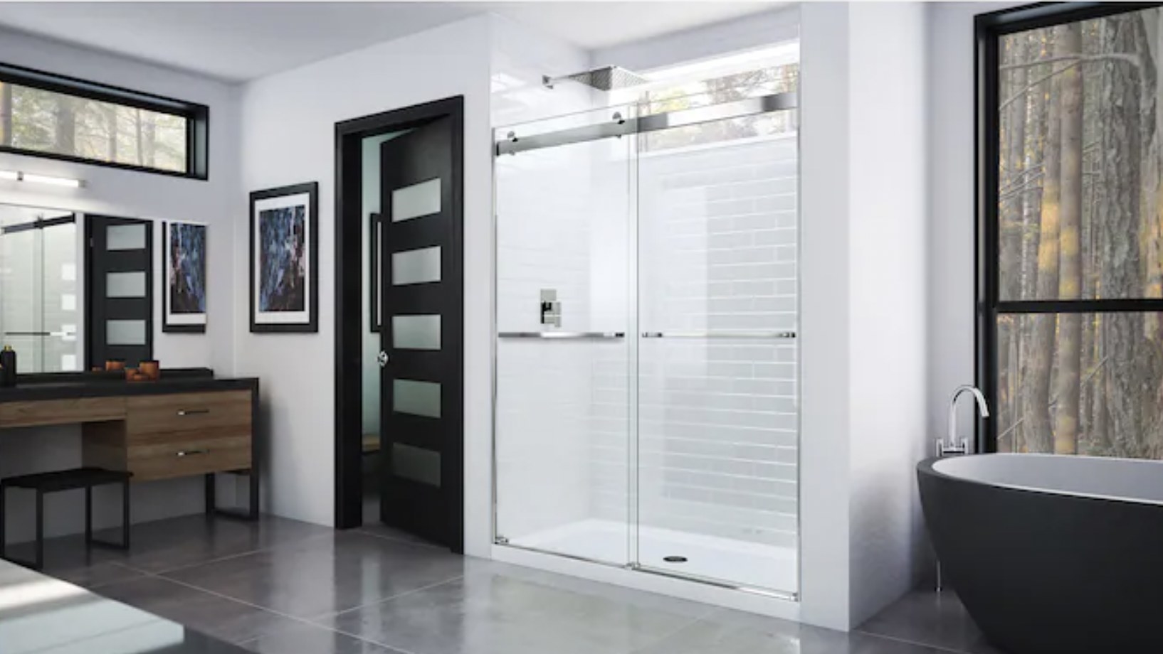 The glass shower door in silver finish